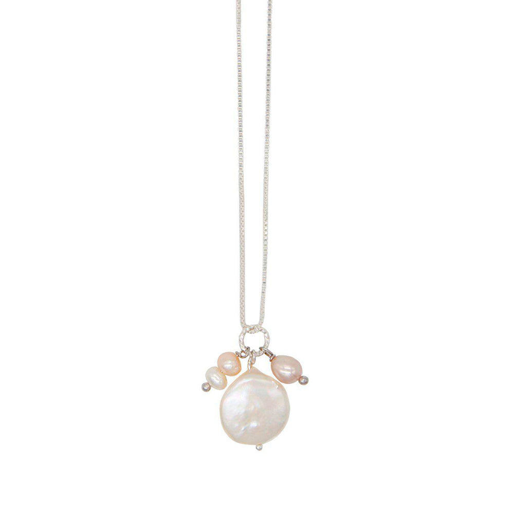 silver necklace with round white freshwater pearl pendant and small light pink and white freshwater pearls