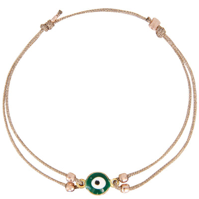 glittery beige nylon bracelet with green nazar eye pendant