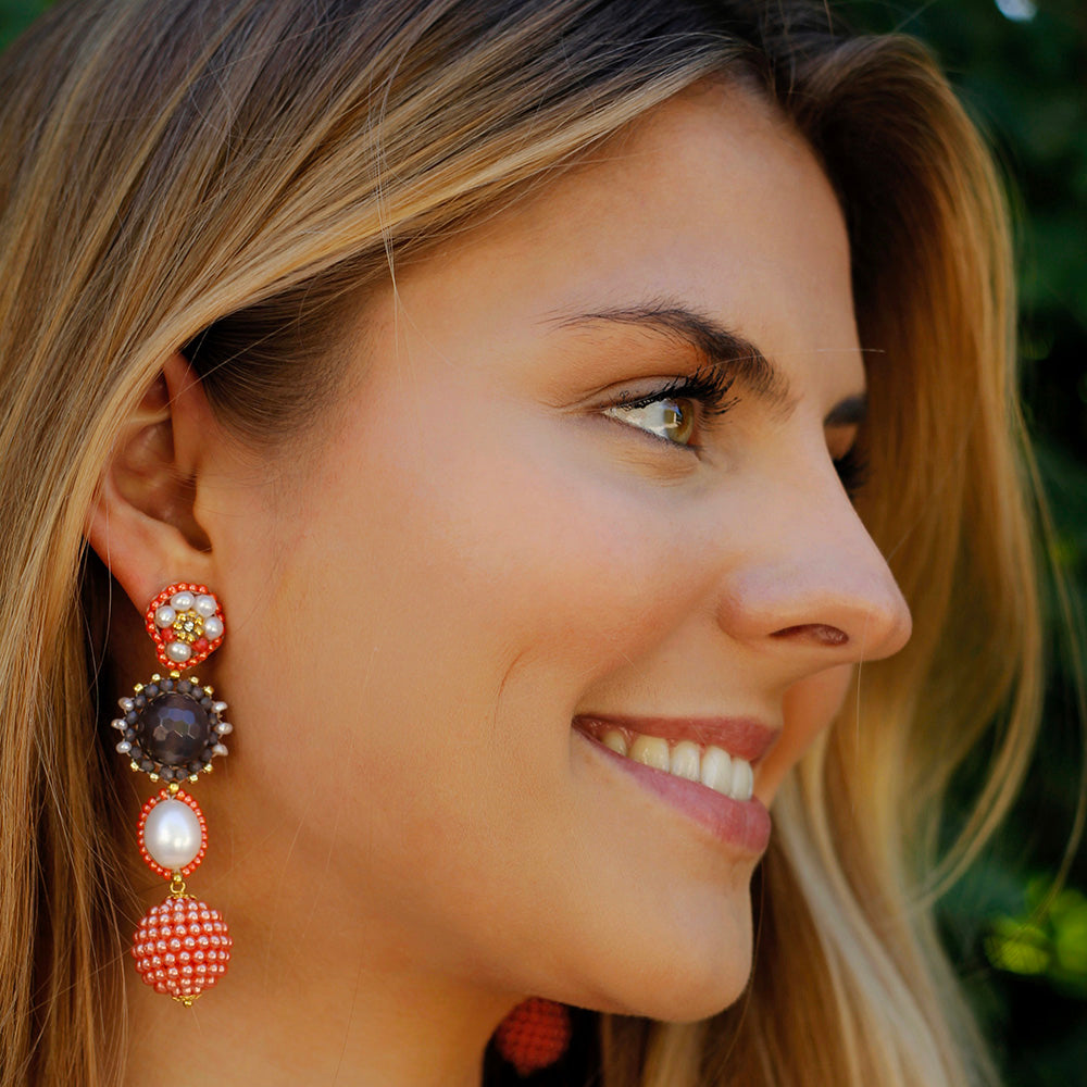 orange statement earrings with black agate stone, small freshwater pearls and round beaded pendant