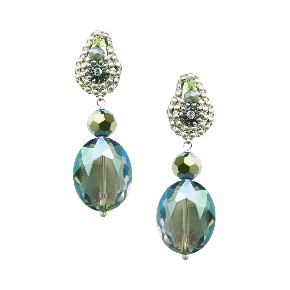 small earrings with round green and blue glass pearl pendant