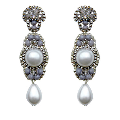 long silver statement earrings with white shell pearls and small grey beads