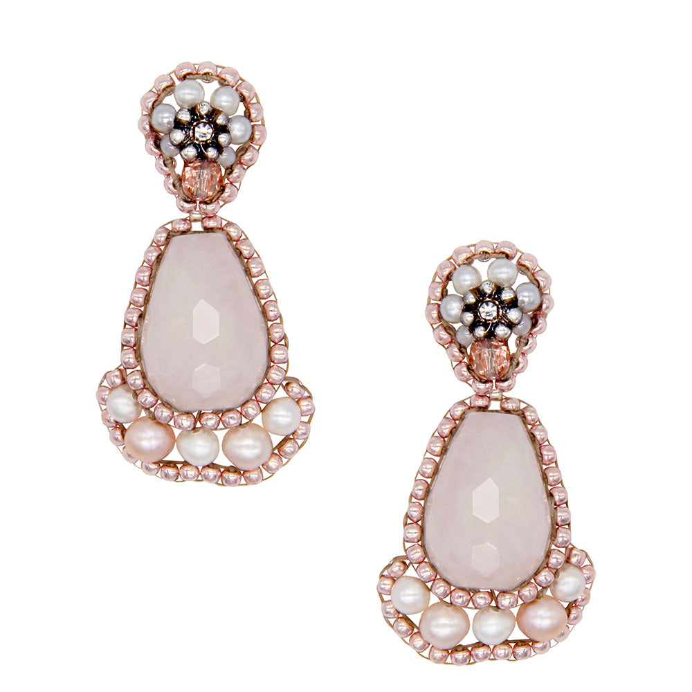 big white statement earrings with flower shaped nacre pendant