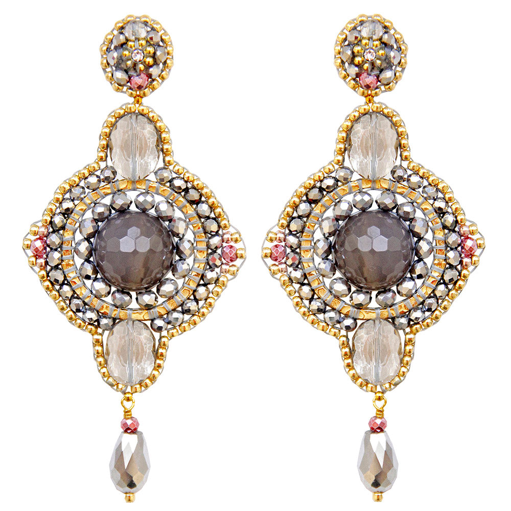 big statement earrings with round taupe colored agate stone and silver and golden beads
