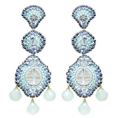 big earrings with white rock crystals, mintgreen amazonite stone and small beads in different blue shades