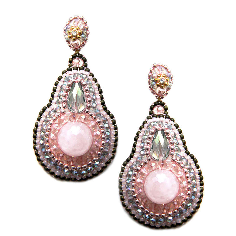 big pear-shaped statement earrings with round rose quartz, pink, grey and gold beads