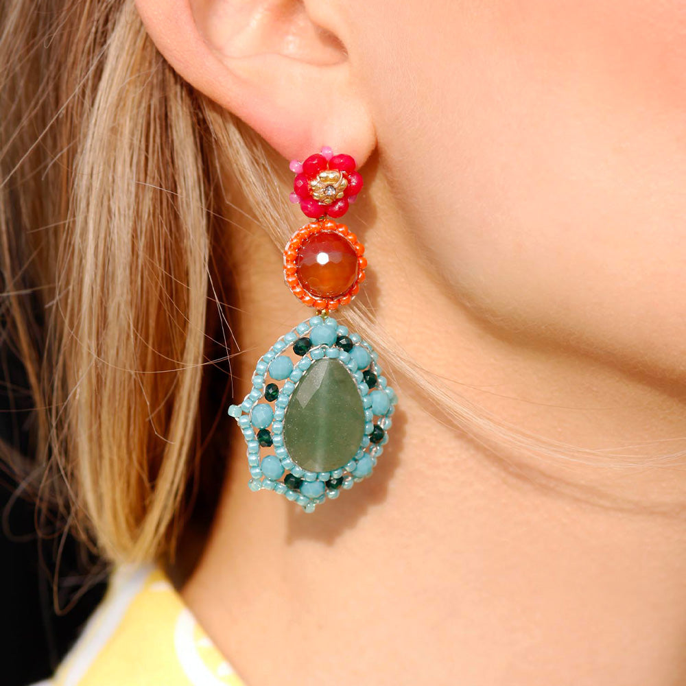 colourful statement earrings with green quartz stone, orange camelian stone and blue, pink and orange beads