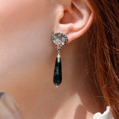handmade gemstone earrings with dark green long agate stone charm