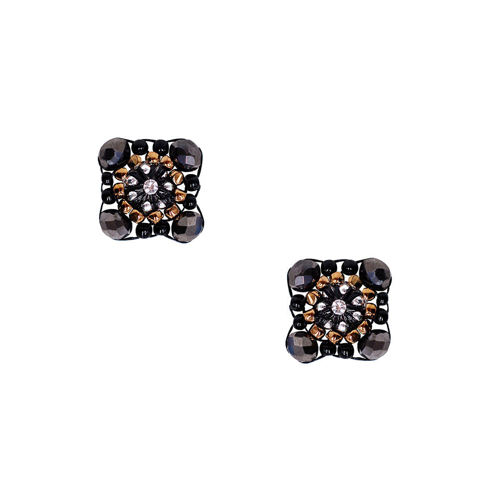 Ear studs with black swarovski pearls and bronze rocailles beads