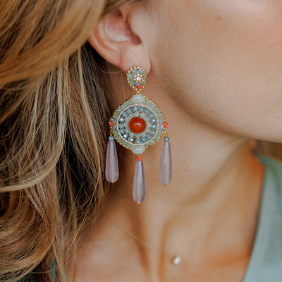 Statement Earring in chandelier design wiith colourful natural gemstones in pastel colours