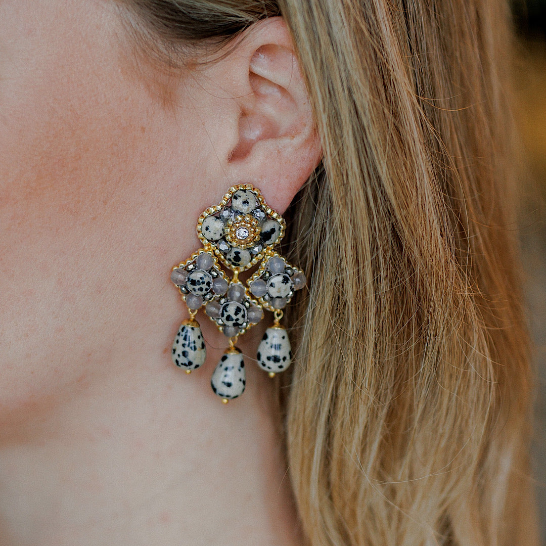 grey-beige earrings in chandelier statement design with golden details