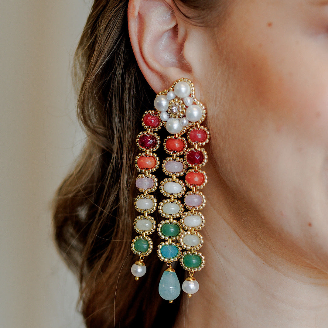 statement earrings from colourful natural gemstones and shimmering freshwater pearls