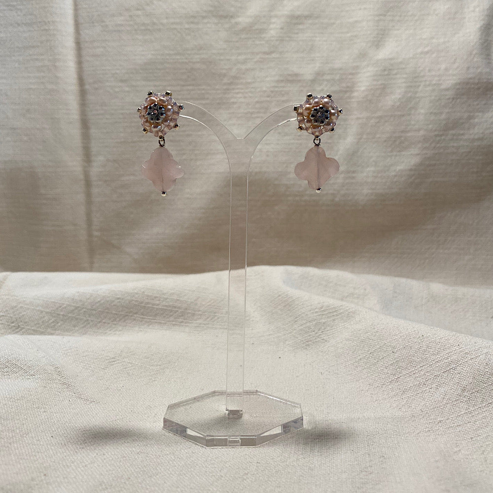 small light pink earrings with flower shaped nacre pendant for flower girls with slight blemish in stones