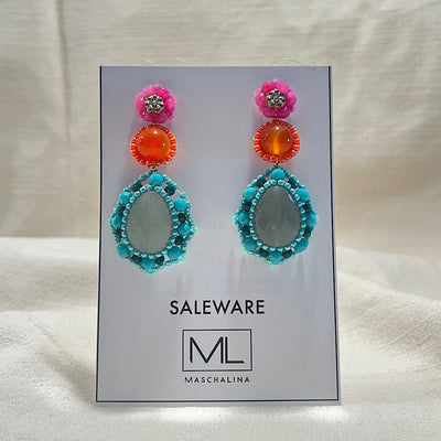 colourful statement sale earrings with green quartz stone, orange camelian stone and blue, pink and orange beads