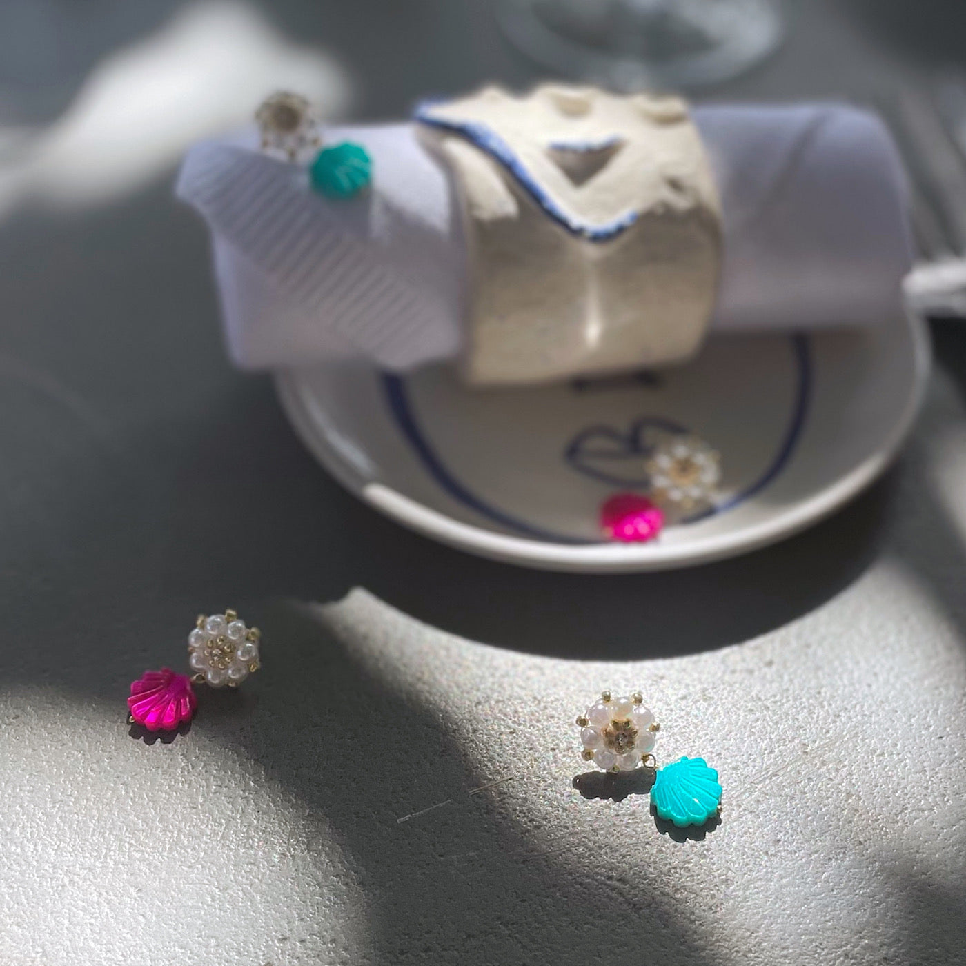 colourful summer shell earrings with natural pearls and mother of pearl shell charms in turquoise and pink