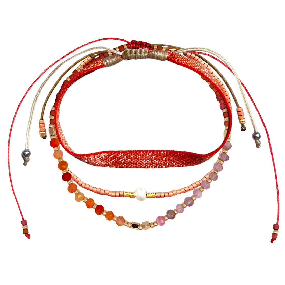orange summer bracelet set with three pearl and glitter bracelets