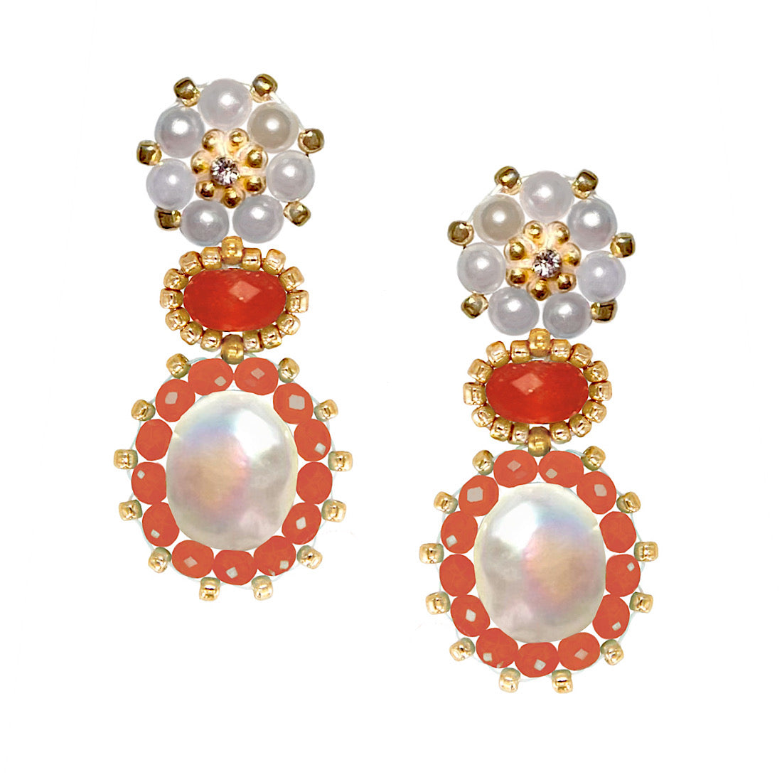 coral summery statement pearl earrings with freshwater pearls and gemstones