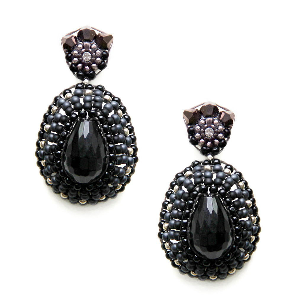 black drop-shaped earrings with black oval onyx stones and small beads
