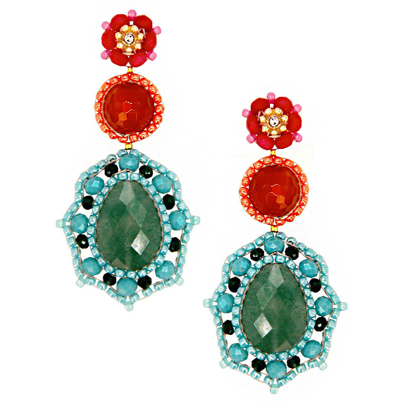 colourful statement earrings with green quartz stone, orange camelian stone and blue, pink and orange beads