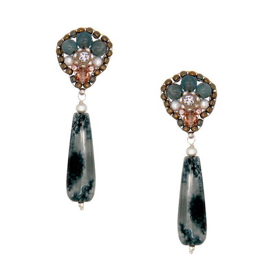 handmade gemstone earrings with dark green long agate stone charm