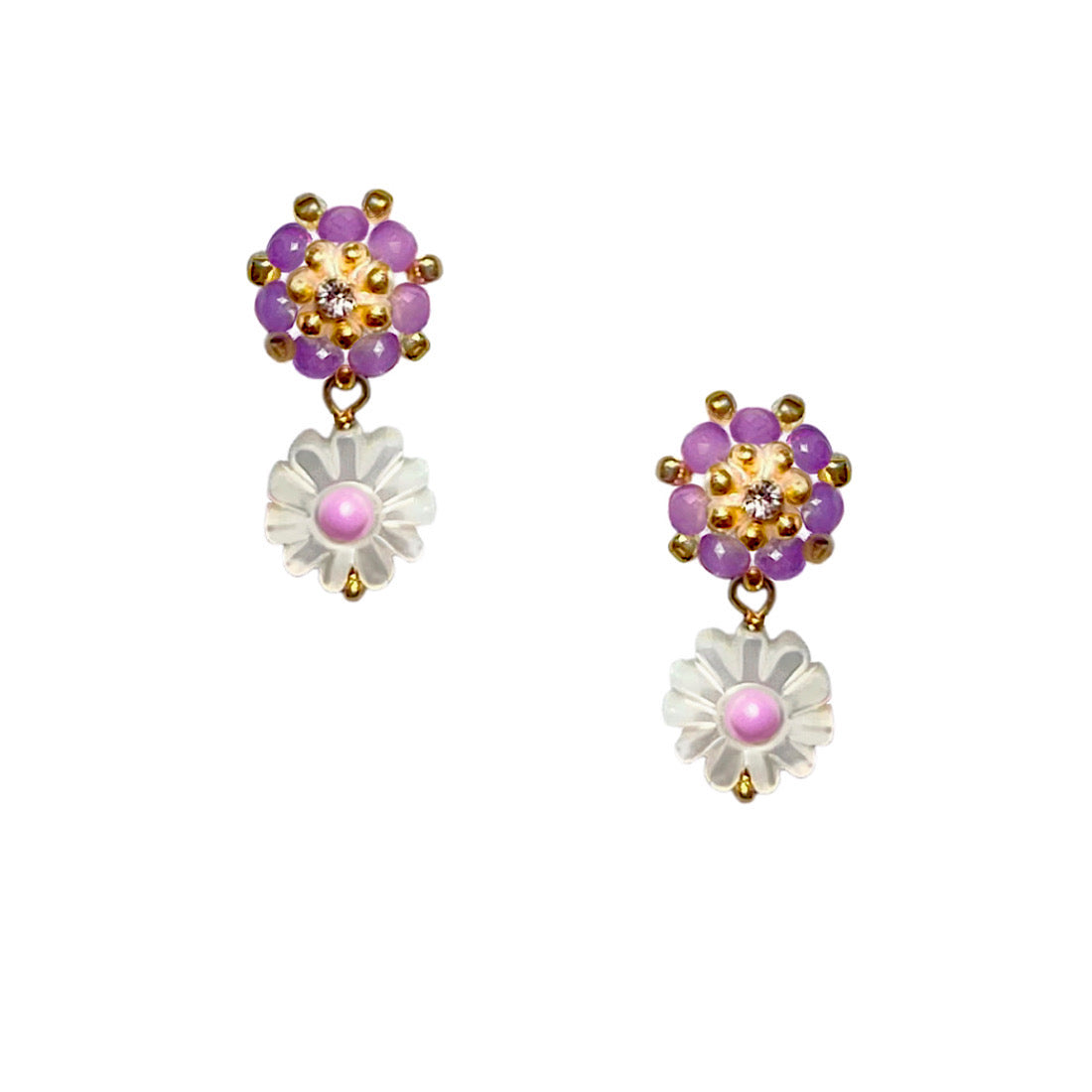 small purple flower earrings with shiny mother of pearl charm