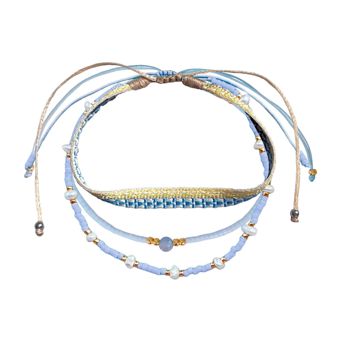 A light sea blue mediterranean bracelet set made of real pearls and stones.