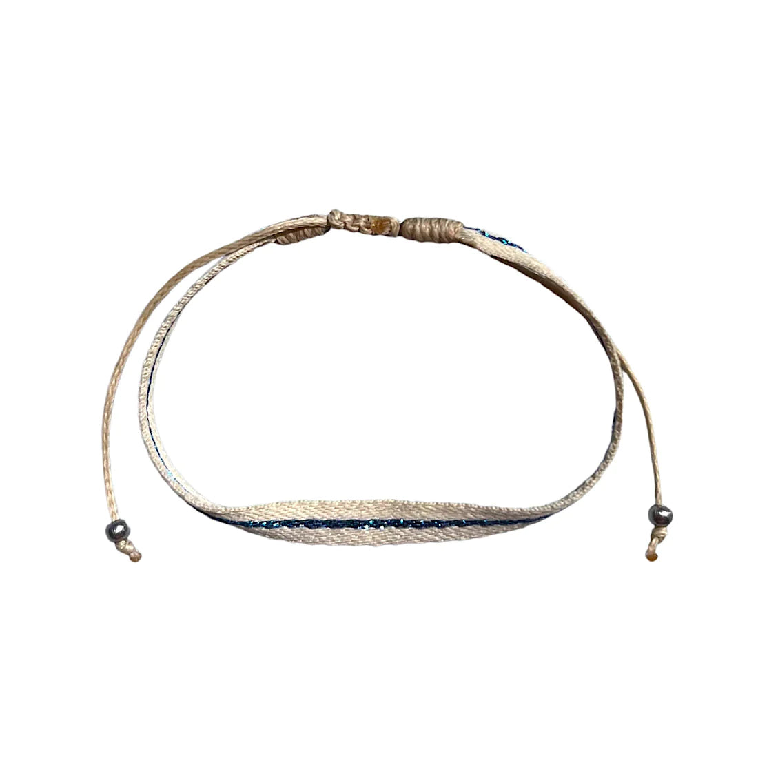 One fabric strand of a blue 3-strand bracelet set.