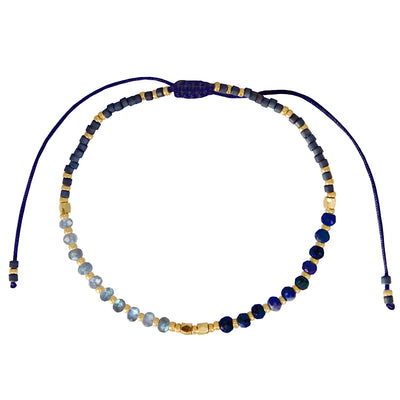 One beaded strand of a blue 3-strand bracelet set.