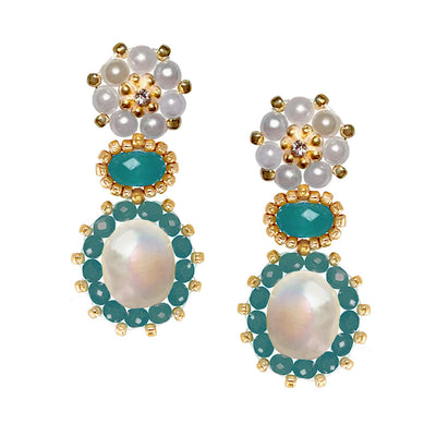 turquoise and blue summer statement earrings of freshwater pearls and gemstones