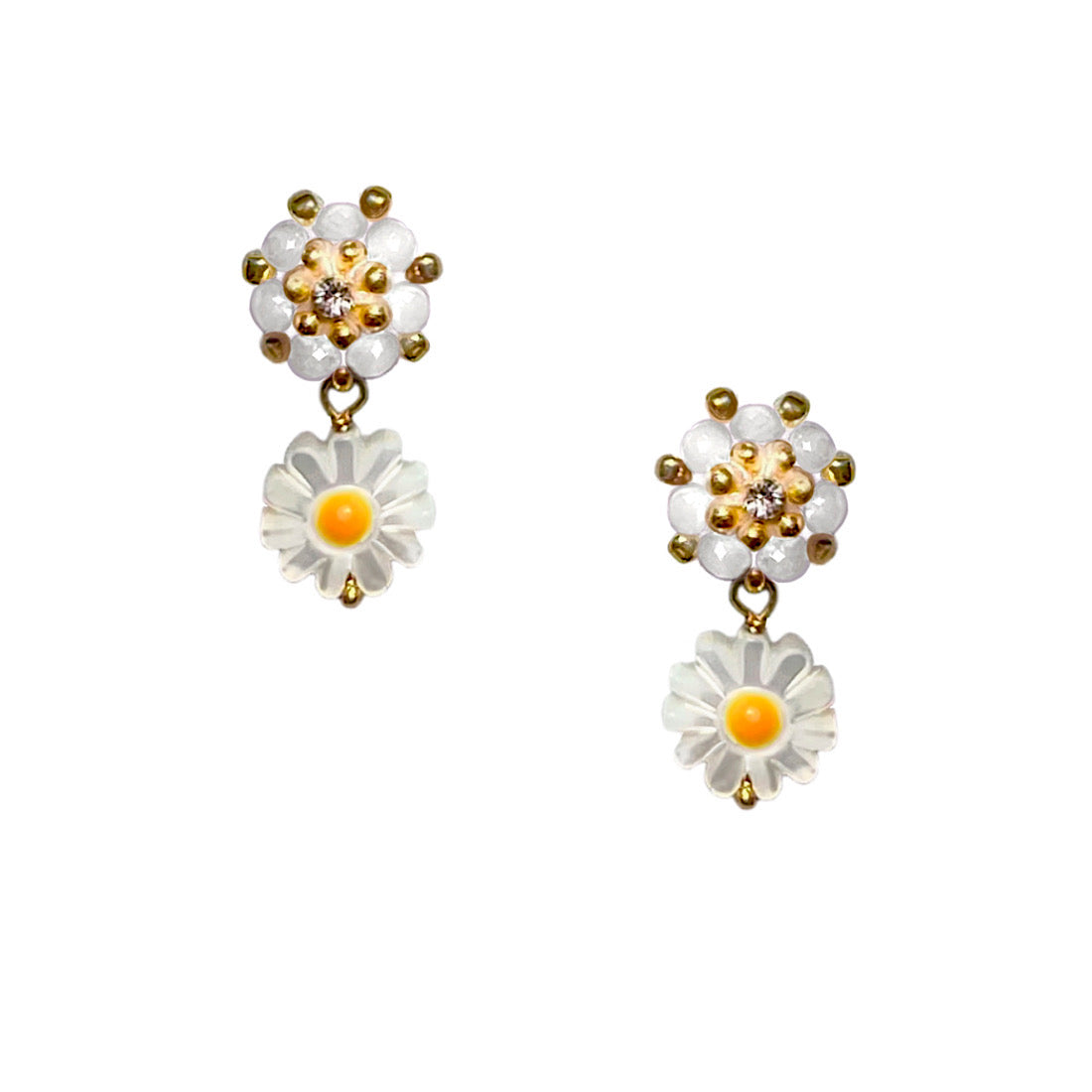 white small flower earrings with mother of pearl charm