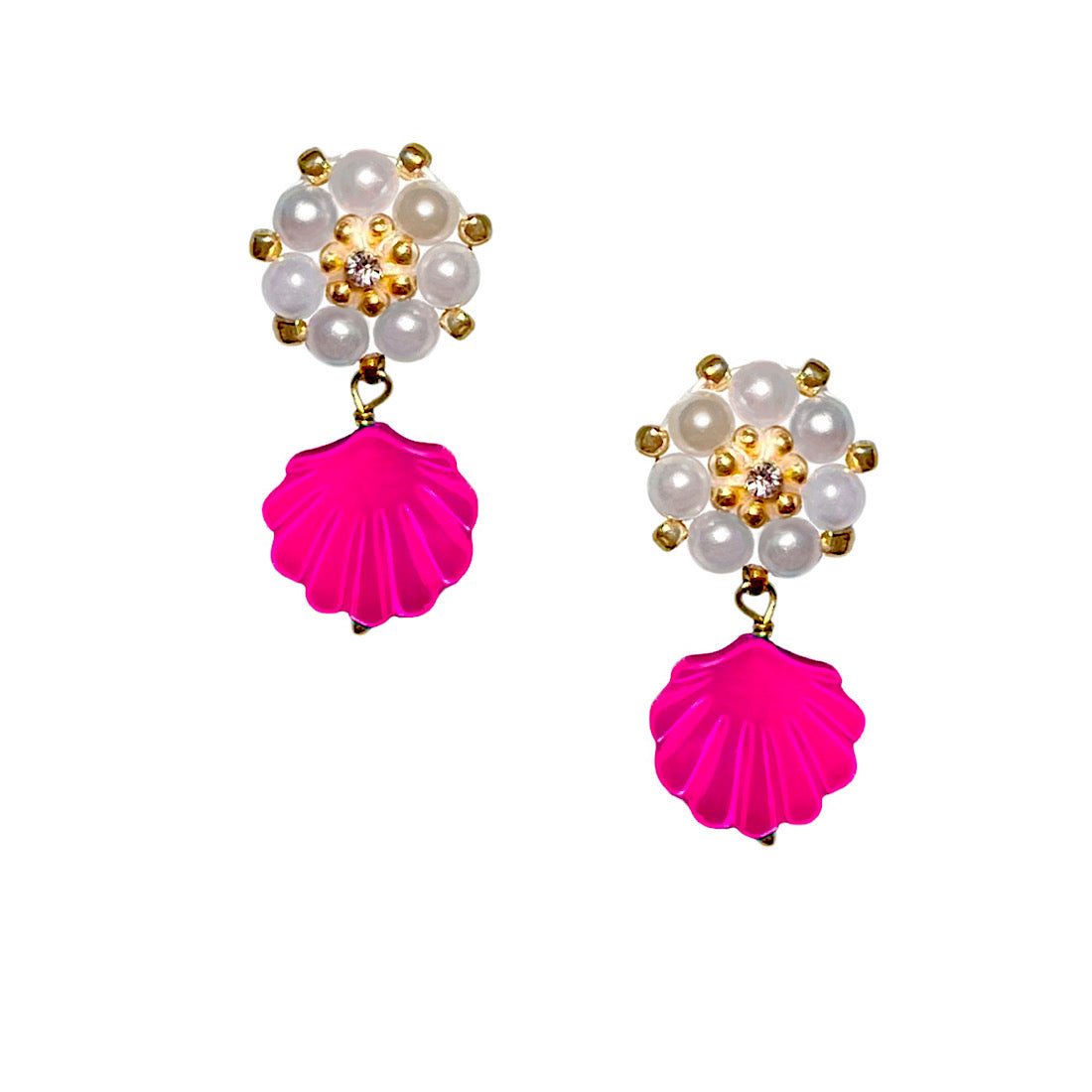 neon pink shell earrings with mother of pearl charm and white freshwater pearls