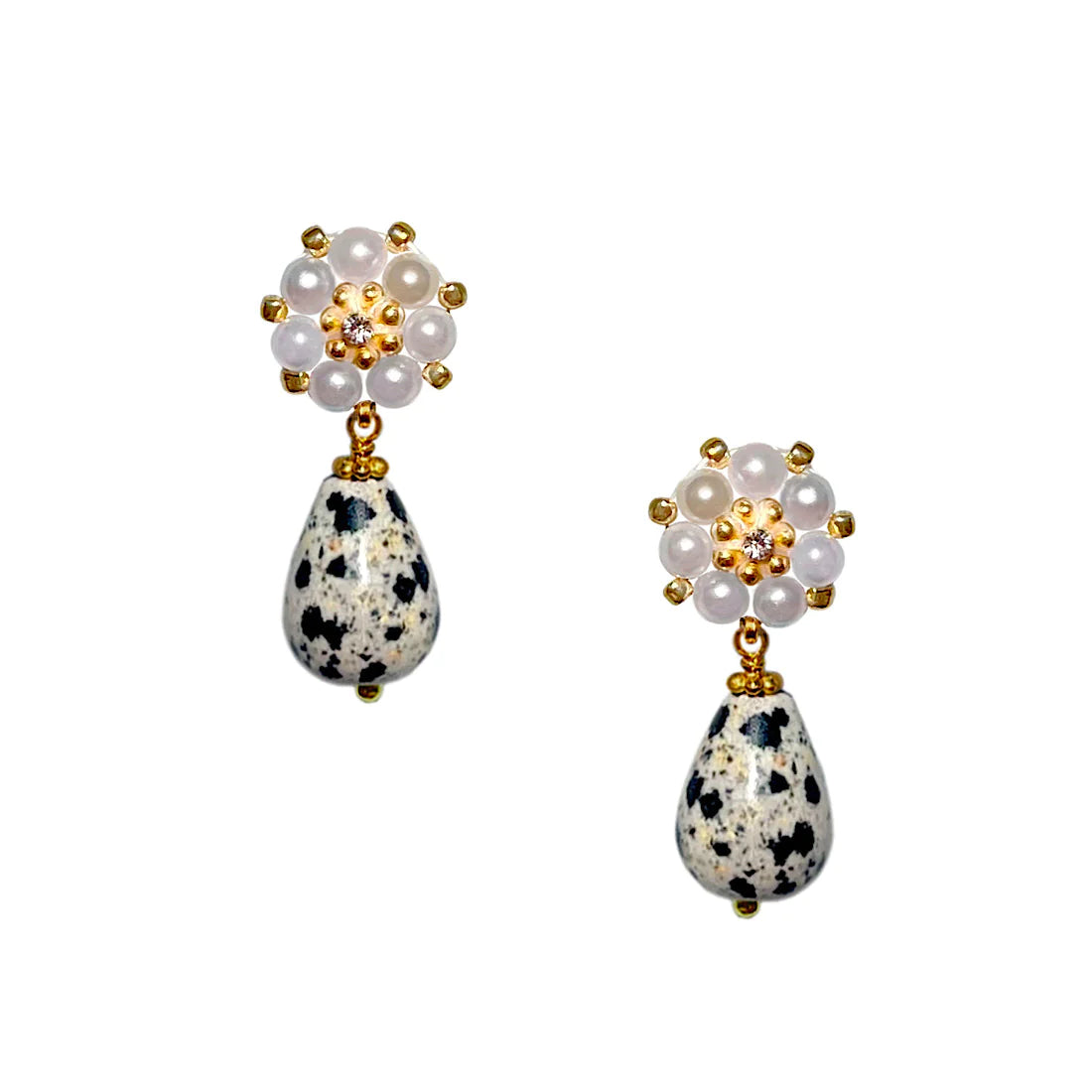 A pair of Dalmation Jasper earrings with pearls and Swarovski crystals.