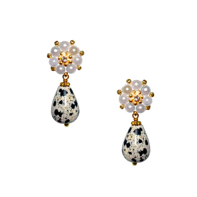 small drop earrings with dalmatis jasper charm and white freshwater pearl earstud