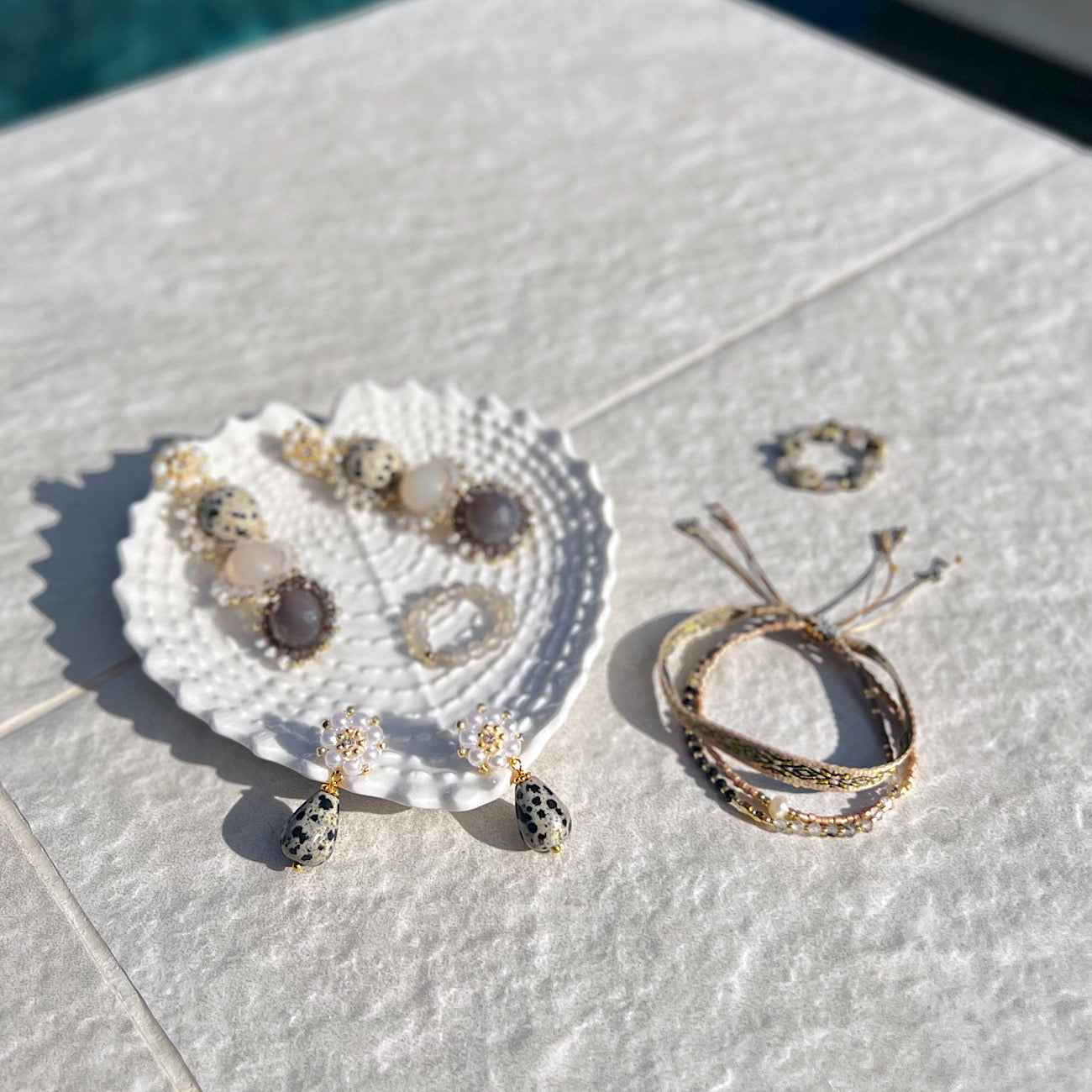 white and grey summer jewelry from natural dalmatis jasper gemstones 