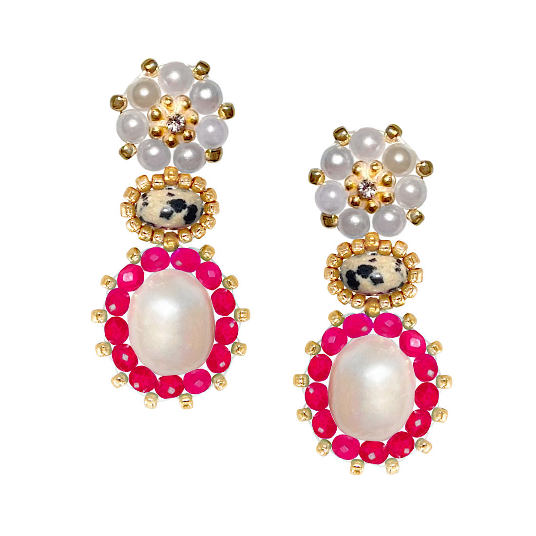 gemstone summer statement earrings with pink swarovski stones and dalmatis jasper gemstone 
