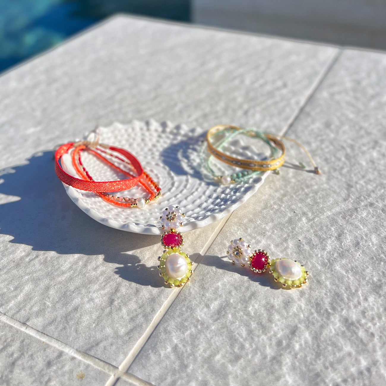 pink green statement earrings with berry red achat gemstone and white freshwater pearls and colourful summer bracelets