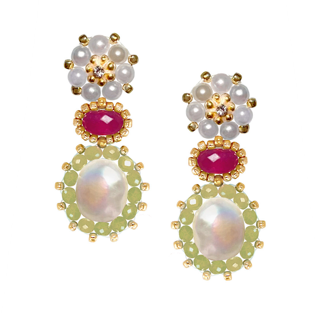 pink, green, white statement pearl earrings with berry red achat gemstone