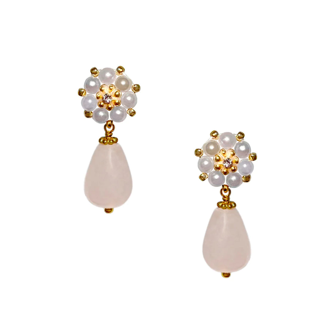 A pair of rose quartz earrings with pearls and Swarovski crystals.