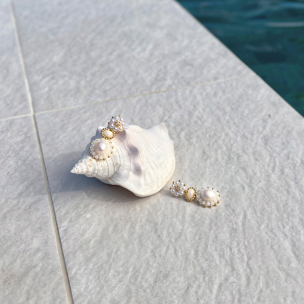 handmade white pearl earrings with natural jade gemstone