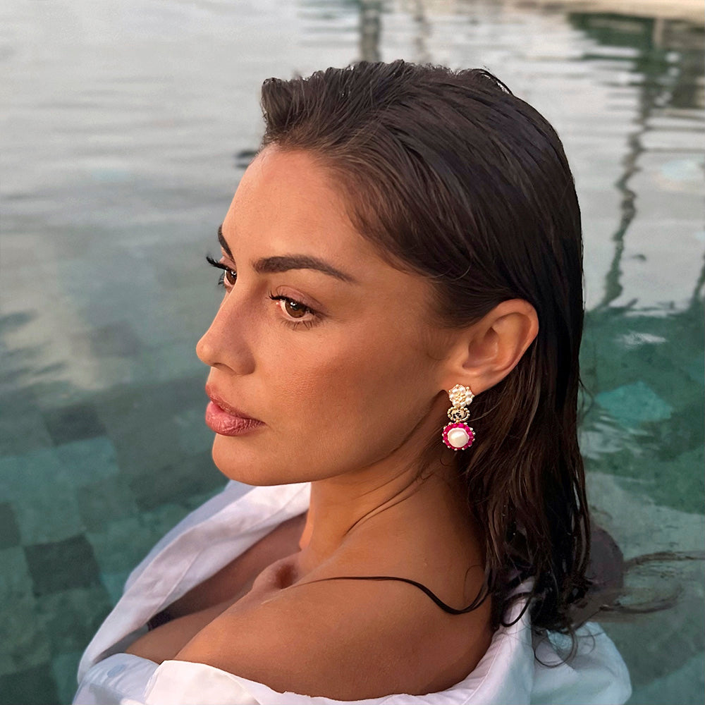 gemstone summer statement earrings with pink swarovski stones and dalmatis jasper gemstone 