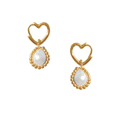 A pair of gold heart-shaped hoops with pearl drops.