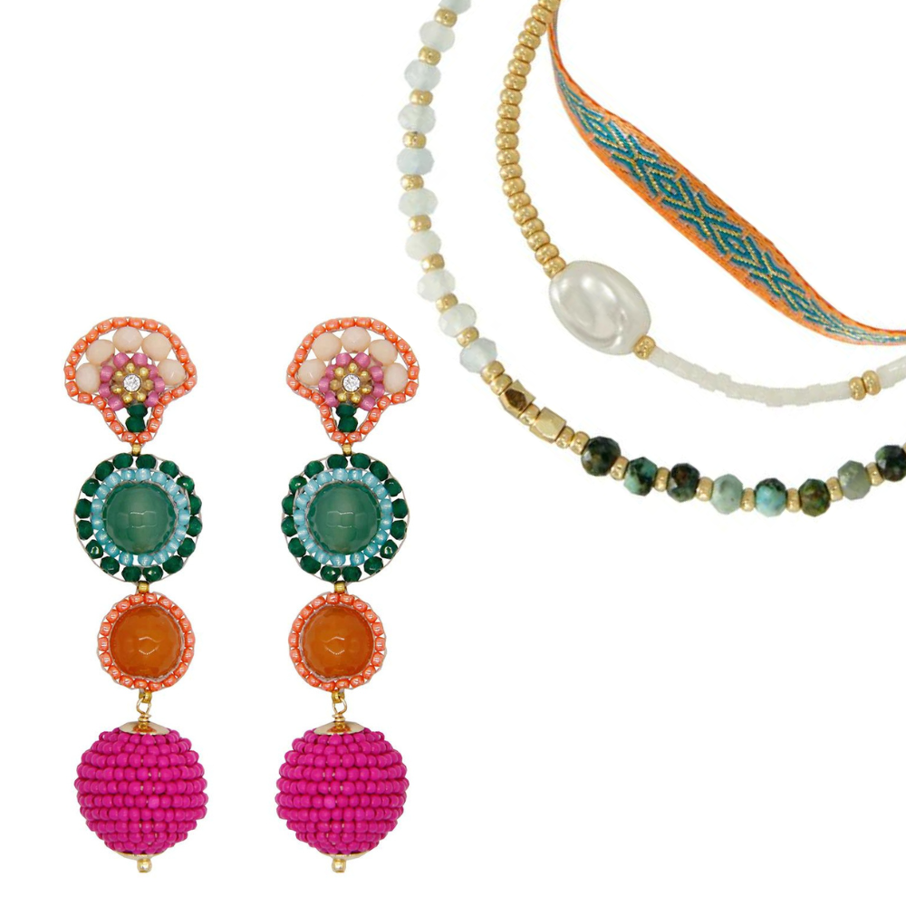 Bohemian style colorful earrings with matching natural stone and real pearl bracelet.