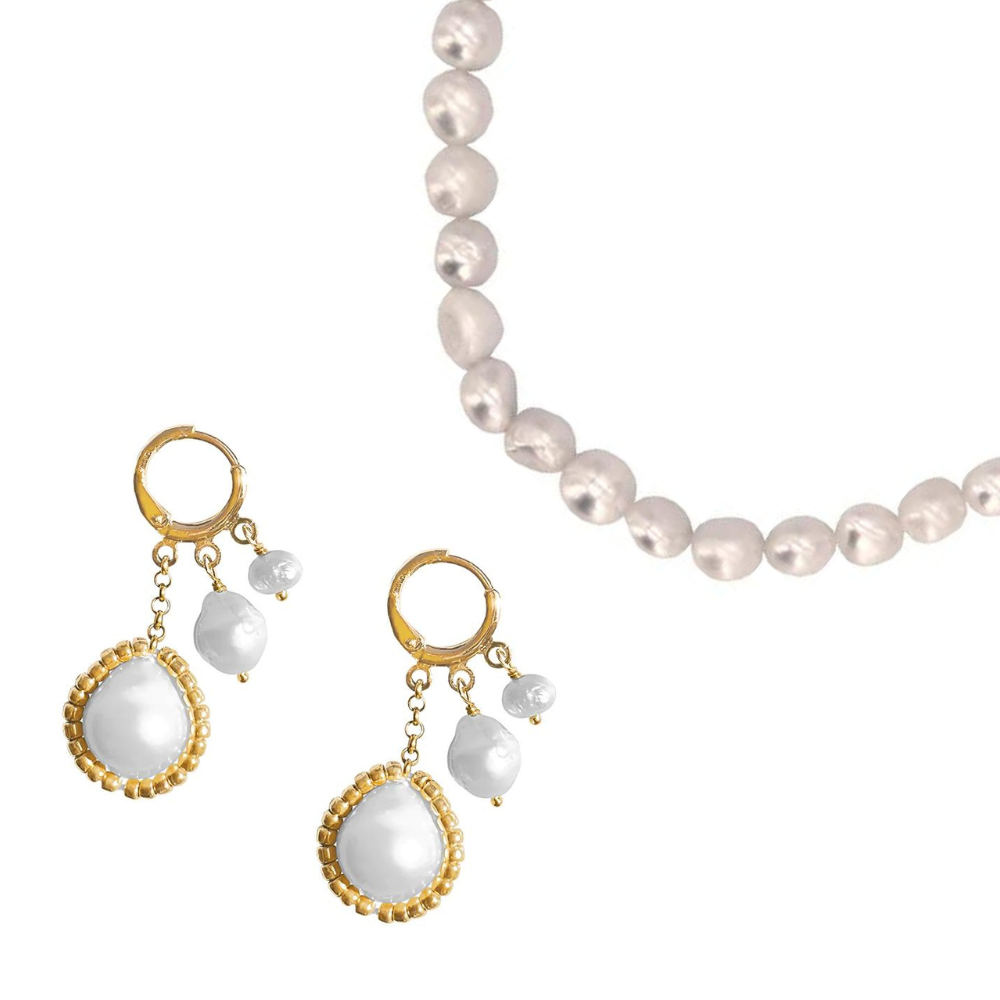A pair of real freshwater pearl earrings with a matching real freshwater pearl beach anklet.