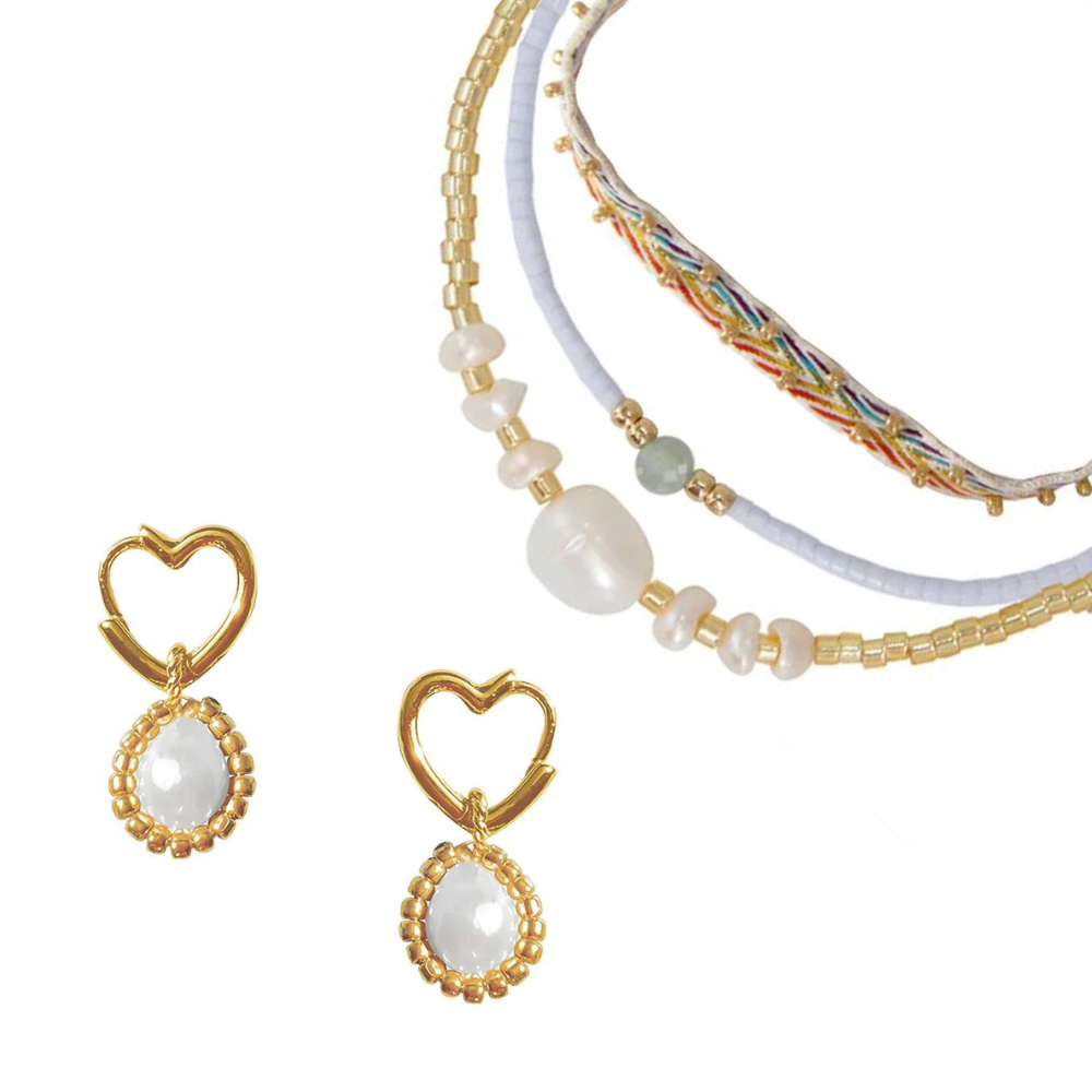 A pair of gold heart-shaped hoops with pearl drops with a matching 3-strand rainbow and gold bracelet set.