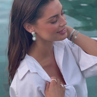 woman wearing turquoise summer statement earrings from freshwater pearls and amazonit gemstones
