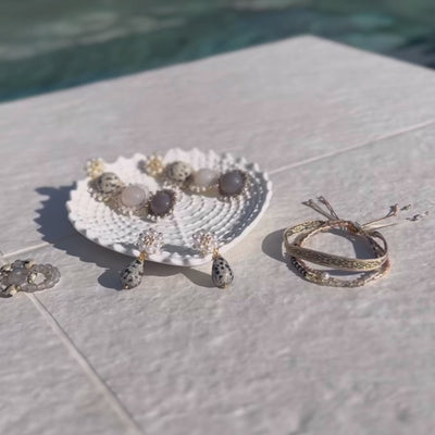 white and grey summer jewelry with dalmatis jasper gemstone