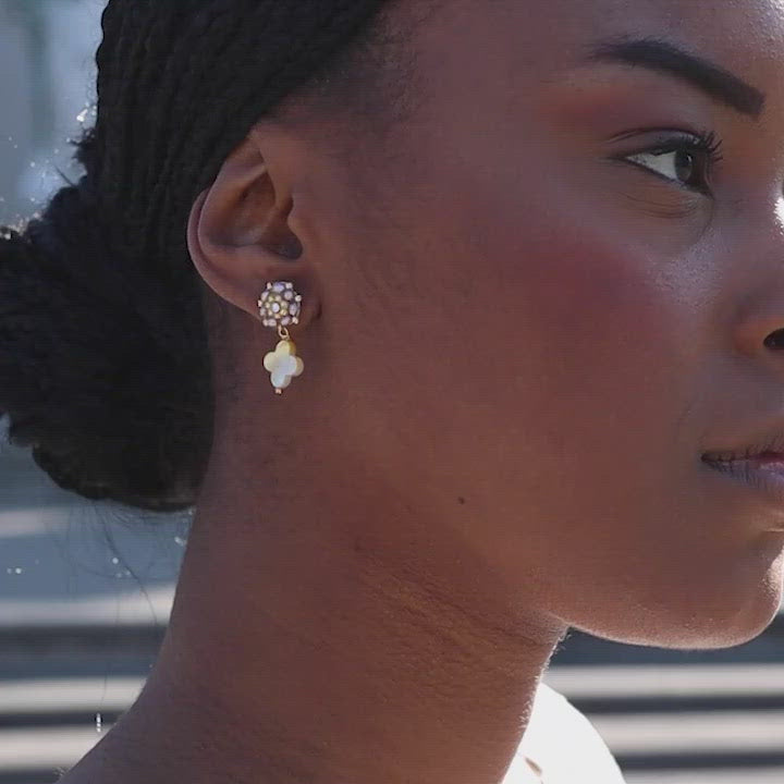 small golden earrings with flower shaped nacre pendant for flower girls