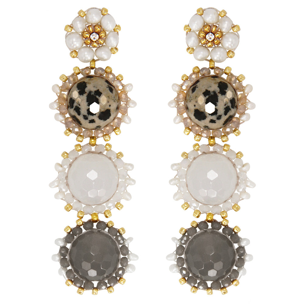 long statement earrings with round grey, white and leopard printed gemstones and small freshwater pearls