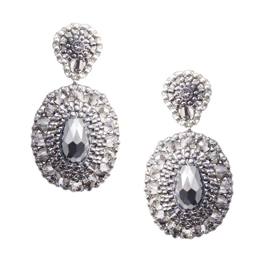 drop-shaped earrings made out of silver beads