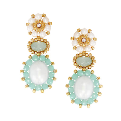 Turquoise earrings with gold details and freshwater pearls and light green aventurine stone