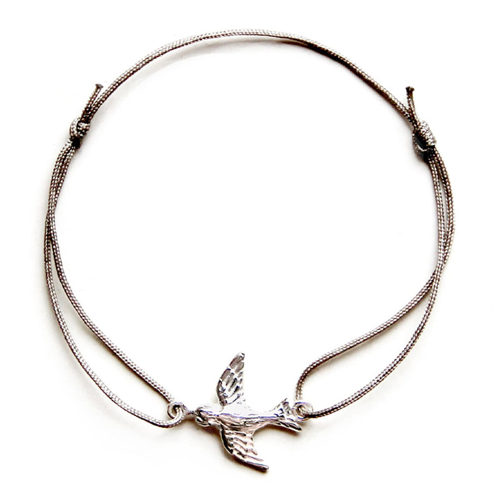 light grey nylon thread bracelet with silver bird pendant